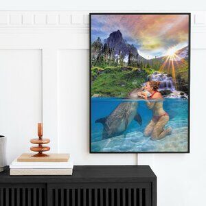 16x20 Kissing Dolphin Sunset Waterfall Majestic Watercolor‎ Oil Painting Print